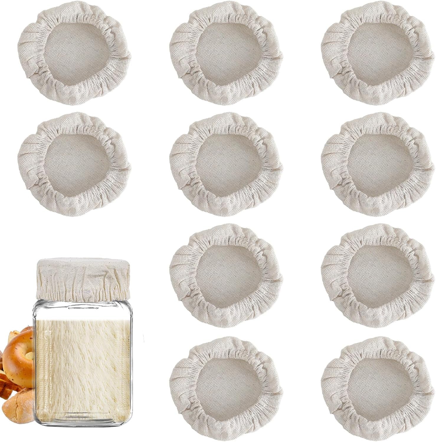 10Pcs Sourdough Starter Jar Cover Cloth, Reusable Cotton Cloth Covers Breathable Sourdough Starter Container Fabric Lid Covers Fits Mason Jars 3-4 Inch